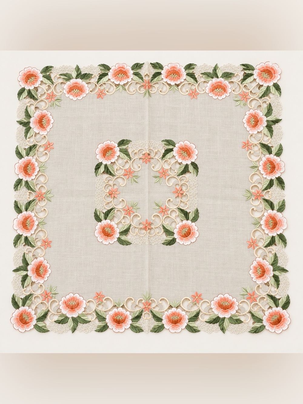 Floral Embroidered 36in Tablecloth in Peach and Green